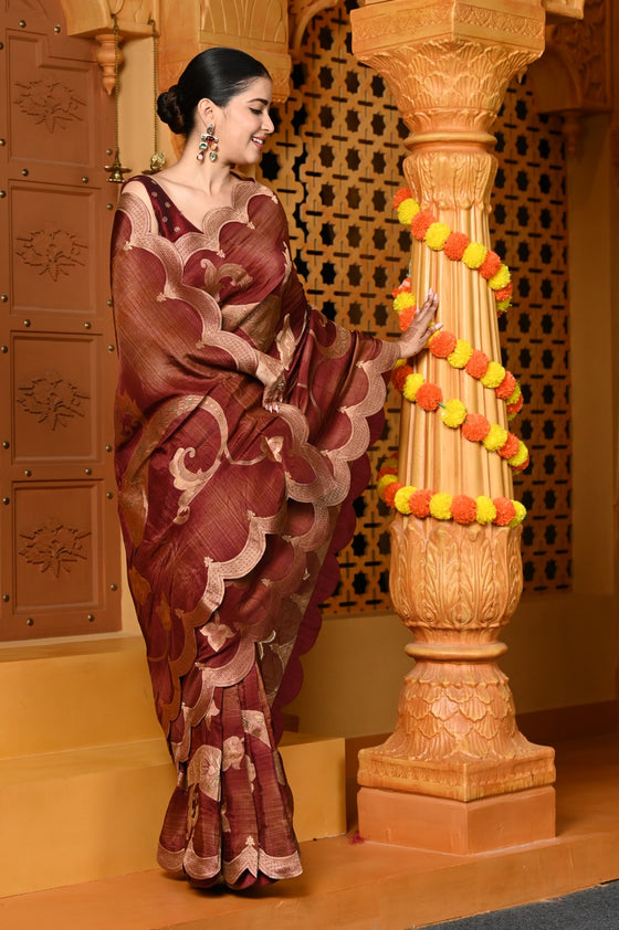 Gaurangi ~ Viscose Hand-dyed Rangkaath Saree with Cut Work Border in Brown