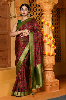  Gaurangi ~ Viscose Hand-dyed Handblock Saree in Brown Green