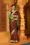 Gaurangi ~ Viscose Hand-dyed Handblock Saree in Brown Green