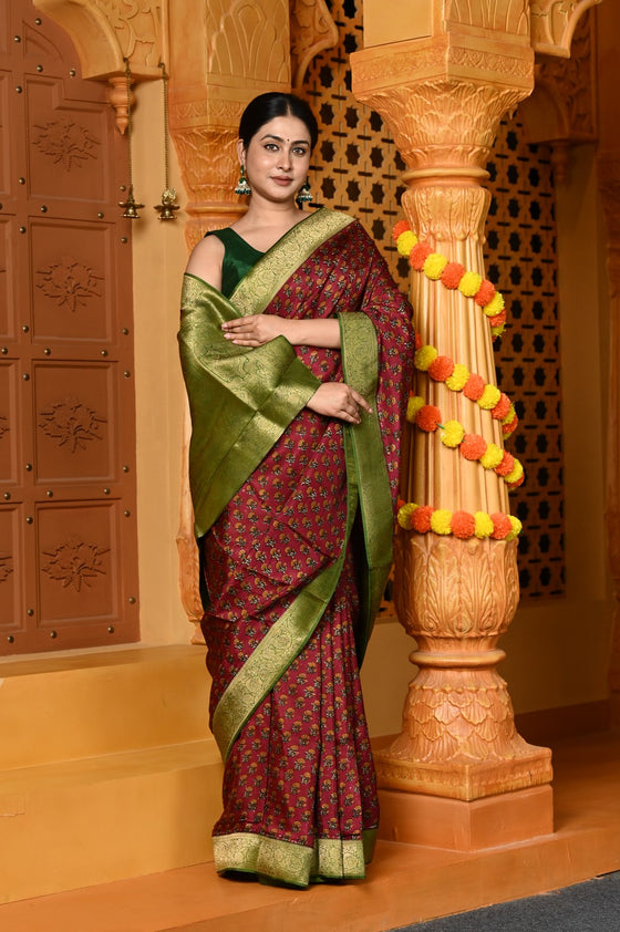 Gaurangi ~ Viscose Hand-dyed Handblock Saree in Brown Green