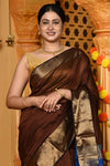 Gaurangi ~ Handloom Cotton Silk Saree with Golden Border in Exclusive Dual Tone Brown with Blue Pallu