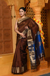 Gaurangi ~ Handloom Cotton Silk Saree with Golden Border in Exclusive Dual Tone Brown with Blue Pallu
