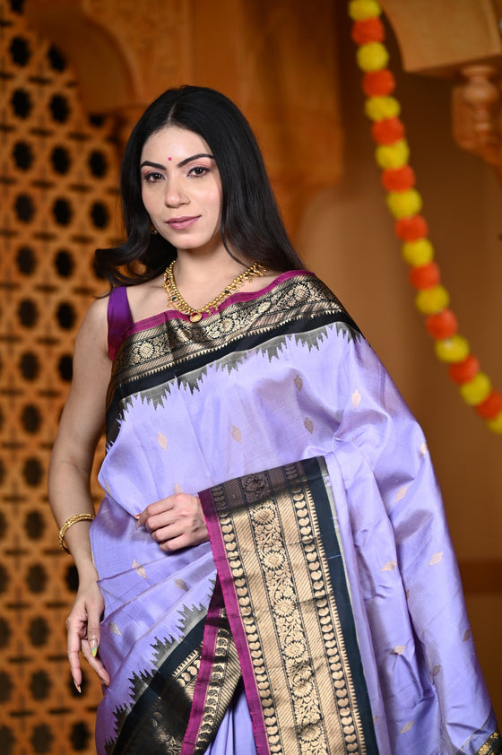 Durva Premium ~ Gadwal Pure Silk Handloom Saree in Lilac with Green