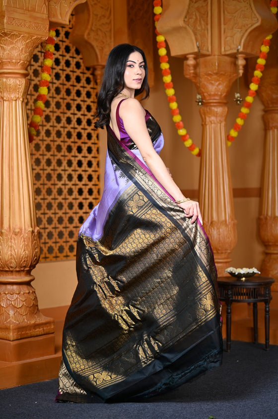 Durva Premium ~ Gadwal Pure Silk Handloom Saree in Lilac with Green