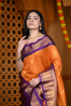 Durva Premium ~ Gadwal Pure Silk Handloom Saree in Orange and Purple