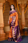 Durva Premium ~ Gadwal Pure Silk Handloom Saree in Orange and Purple