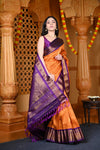 Durva Premium ~ Gadwal Pure Silk Handloom Saree in Orange and Purple