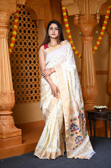  Durva Premium~ Handloom Pure Silk Maharani Paithani with Meena Work Buttis in White