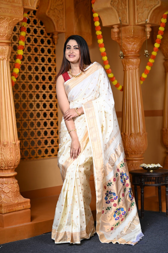 Durva Premium~ Handloom Pure Silk Maharani Paithani with Meena Work Buttis in White