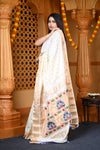 Durva Premium~ Handloom Pure Silk Maharani Paithani with Meena Work Buttis in White