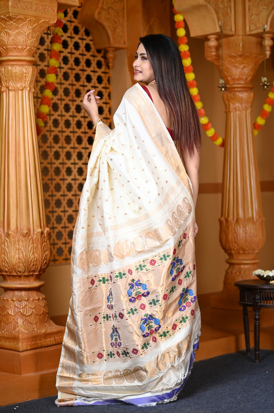Durva Premium~ Handloom Pure Silk Maharani Paithani with Meena Work Buttis in White