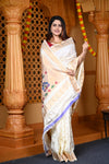 Durva Premium~ Handloom Pure Silk Maharani Paithani with Meena Work Buttis in White