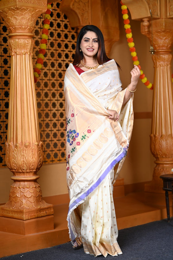 Durva Premium~ Handloom Pure Silk Maharani Paithani with Meena Work Buttis in White
