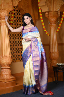  Durva Premium ~ Gadwal Pure Silk Handloom Saree in Pearl Purple and Powder Blue