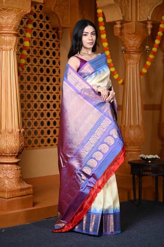 Durva Premium ~ Gadwal Pure Silk Handloom Saree in Pearl Purple and Powder Blue