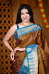 Durva Premium ~ Gadwal Pure Silk Handloom Saree in Olive Gold and Powder Blue