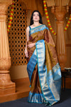 Durva Premium ~ Gadwal Pure Silk Handloom Saree in Olive Gold and Powder Blue