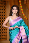 Durva Premium ~ Gadwal Pure Silk Handloom Saree in Turquoise Blue with Purple