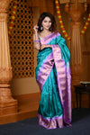 Durva Premium ~ Gadwal Pure Silk Handloom Saree in Turquoise Blue with Purple