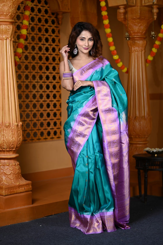 Durva Premium ~ Gadwal Pure Silk Handloom Saree in Turquoise Blue with Purple