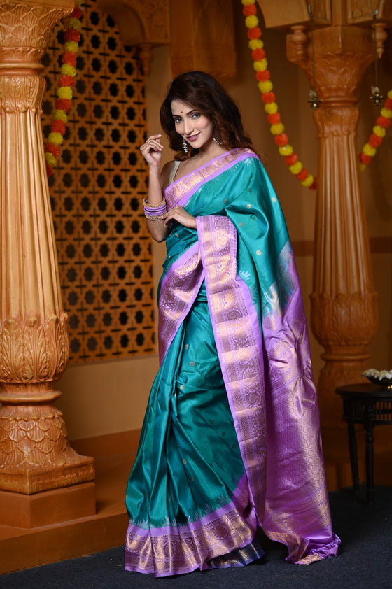Durva Premium ~ Gadwal Pure Silk Handloom Saree in Turquoise Blue with Purple