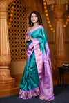 Durva Premium ~ Gadwal Pure Silk Handloom Saree in Turquoise Blue with Purple