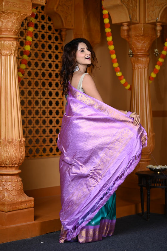 Durva Premium ~ Gadwal Pure Silk Handloom Saree in Turquoise Blue with Purple