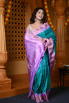 Durva Premium ~ Gadwal Pure Silk Handloom Saree in Turquoise Blue with Purple