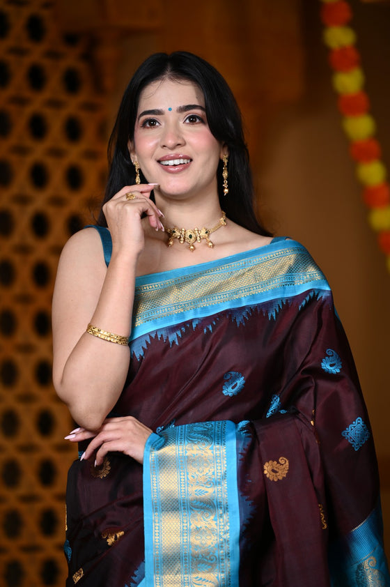 Durva Premium ~ Gadwal Pure Silk Handloom Saree in Brown with Sky Blue