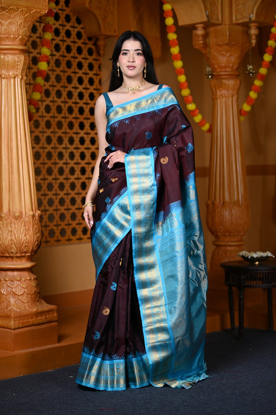 Durva Premium ~ Gadwal Pure Silk Handloom Saree in Brown with Sky Blue