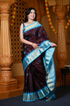 Durva Premium ~ Gadwal Pure Silk Handloom Saree in Brown with Sky Blue