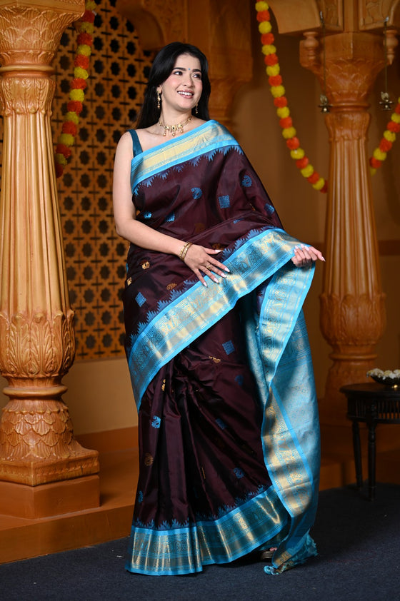 Durva Premium ~ Gadwal Pure Silk Handloom Saree in Brown with Sky Blue
