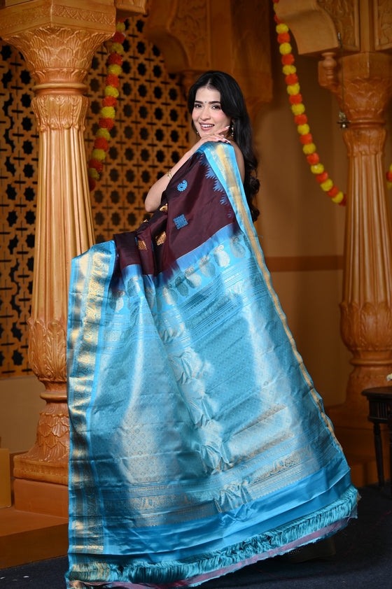 Durva Premium ~ Gadwal Pure Silk Handloom Saree in Brown with Sky Blue