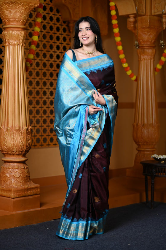 Durva Premium ~ Gadwal Pure Silk Handloom Saree in Brown with Sky Blue