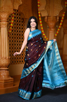  Durva Premium ~ Gadwal Pure Silk Handloom Saree in Brown with Sky Blue