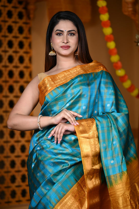 Durva Premium ~ Gadwal Pure Silk Handloom Saree in Sky Blue and Yellow