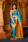 Durva Premium ~ Gadwal Pure Silk Handloom Saree in Sky Blue and Yellow