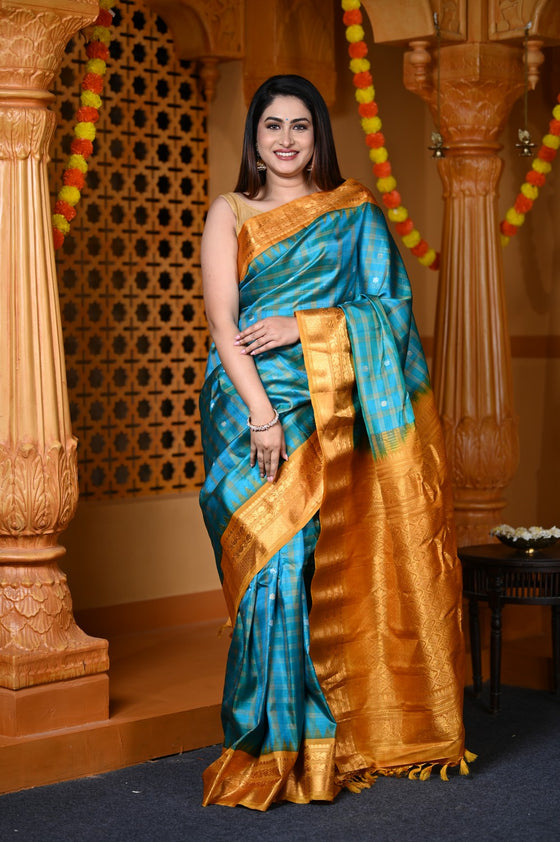 Durva Premium ~ Gadwal Pure Silk Handloom Saree in Sky Blue and Yellow