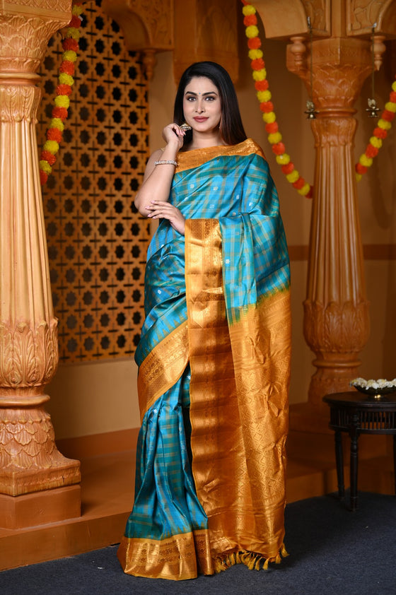 Durva Premium ~ Gadwal Pure Silk Handloom Saree in Sky Blue and Yellow