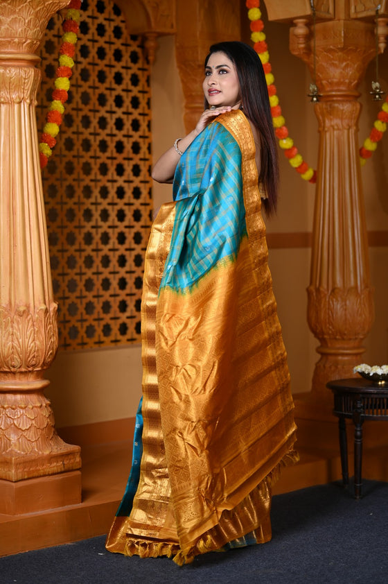 Durva Premium ~ Gadwal Pure Silk Handloom Saree in Sky Blue and Yellow