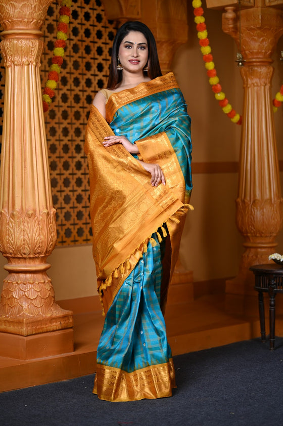 Durva Premium ~ Gadwal Pure Silk Handloom Saree in Sky Blue and Yellow