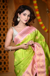 Durva Premium ~ Gadwal Pure Silk Handloom Saree in Lemon Green and Pink