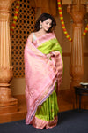 Durva Premium ~ Gadwal Pure Silk Handloom Saree in Lemon Green and Pink