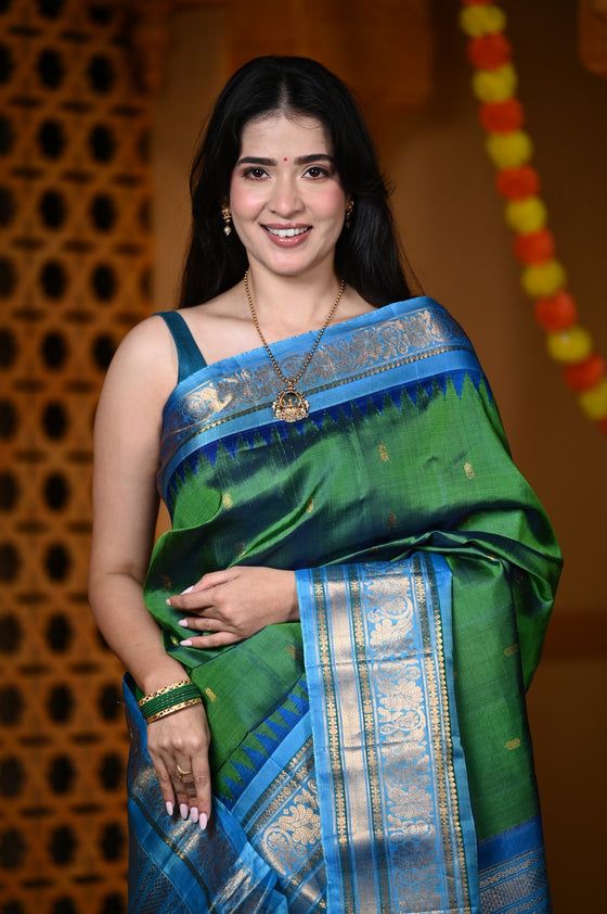 Durva Premium ~ Gadwal Pure Silk Handloom Saree in Royal Green and Blue