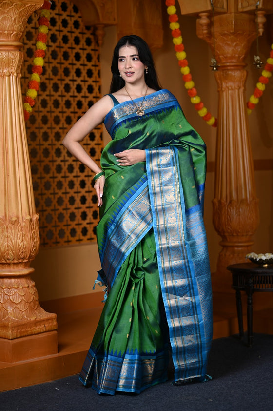 Durva Premium ~ Gadwal Pure Silk Handloom Saree in Royal Green and Blue
