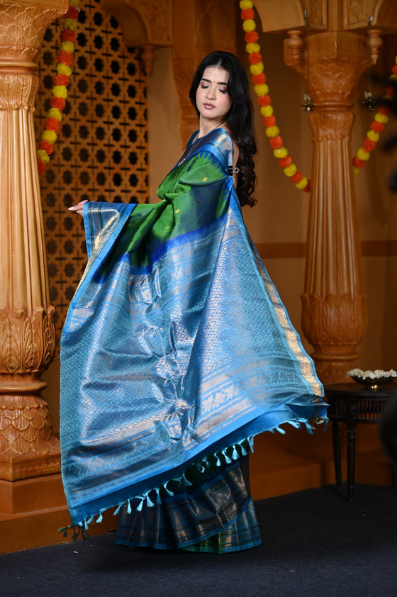 Durva Premium ~ Gadwal Pure Silk Handloom Saree in Royal Green and Blue