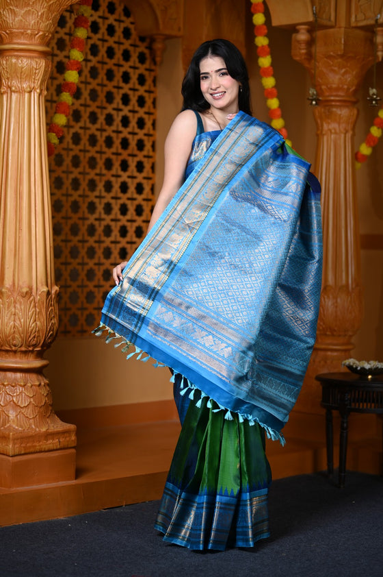 Durva Premium ~ Gadwal Pure Silk Handloom Saree in Royal Green and Blue