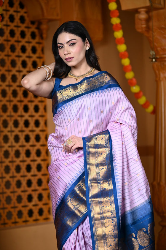 Durva Premium ~ Gadwal Pure Silk Handloom Saree in Lilac and Blue