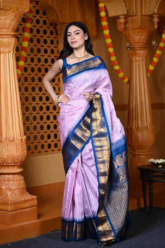 Durva Premium ~ Gadwal Pure Silk Handloom Saree in Lilac and Blue