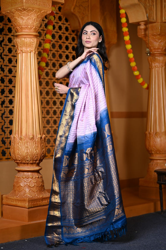 Durva Premium ~ Gadwal Pure Silk Handloom Saree in Lilac and Blue